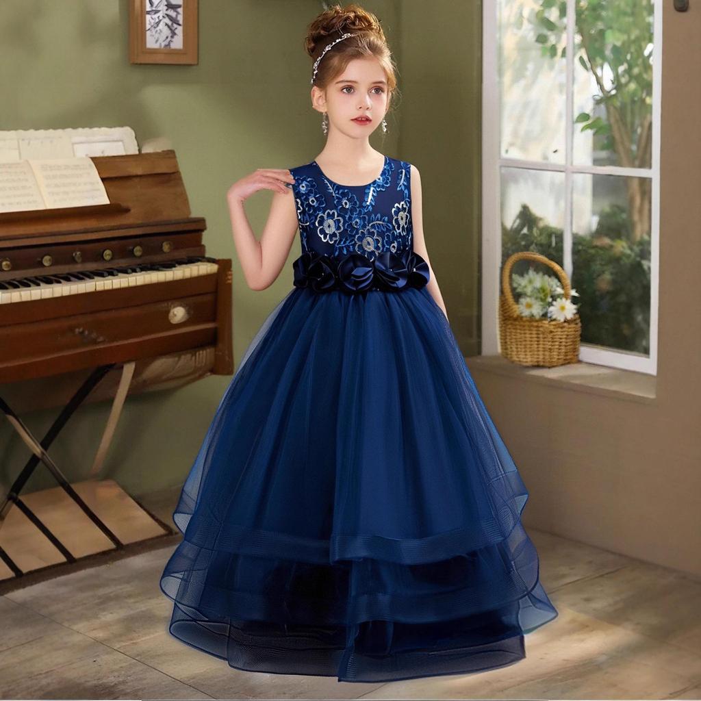 Girls' Red Embroidered Long Evening Dress - Christmas Princess & Performance Outfit