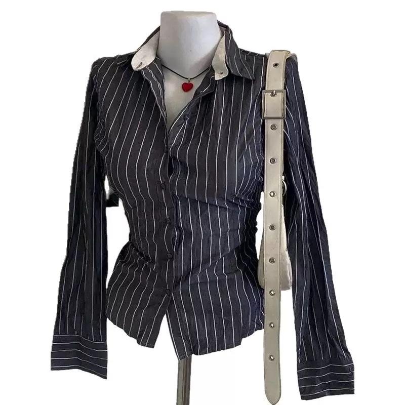 2KWEIRD Strepen Hot Girl Maagd Klassiek Roze Y2K Mode Dameskleding Casual Shirts Harajuku Lange Mouwen Vintage Chique Klassieke Tops