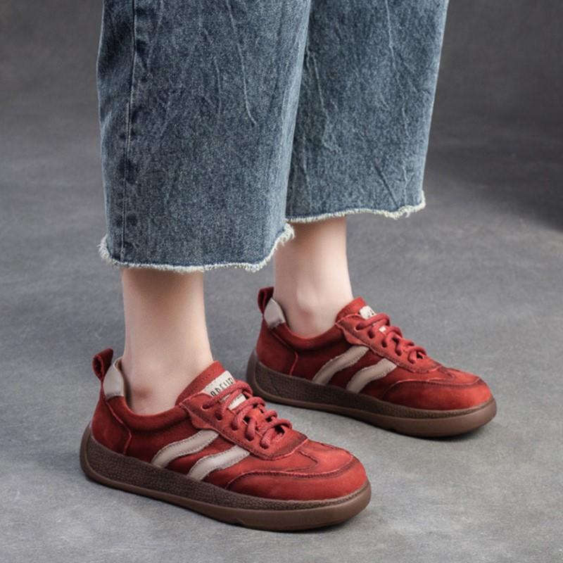 Johnature Colored Sneakers Comfortable Lace Up Flat Shoes Retro Genuine Leather Casual Women's Shoes
