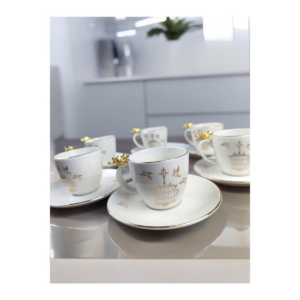 Bird Coffee Cup Set With Bird Figures And Cage Figures Porcelain 12 Pieces For 6 People
