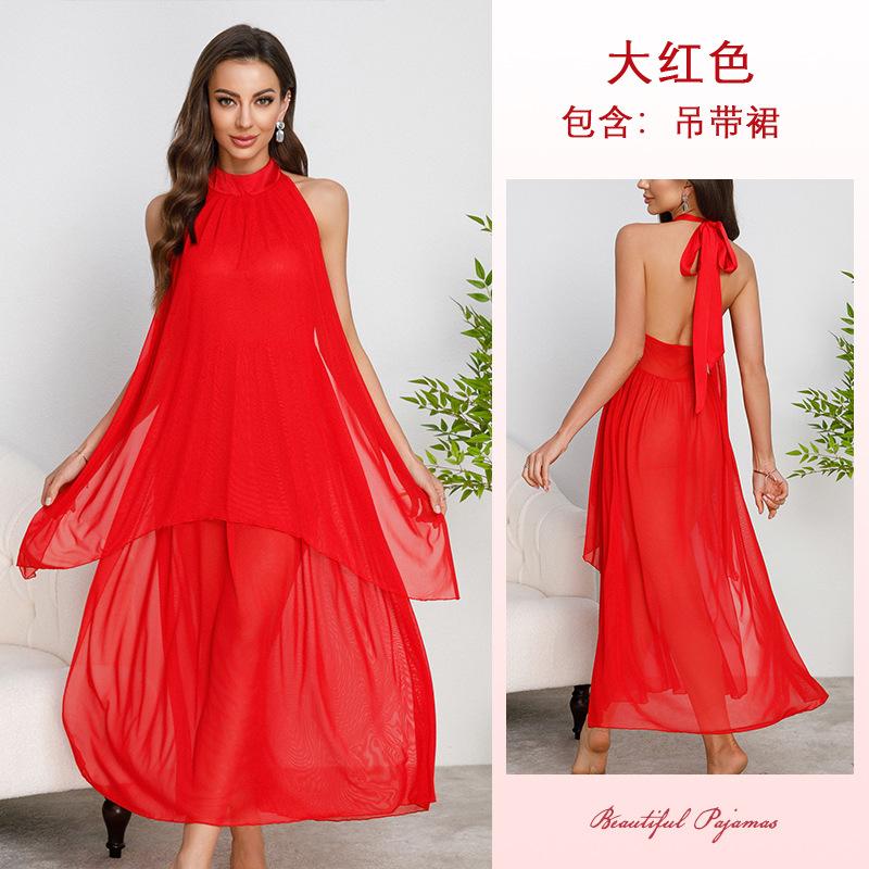 Multi-Style Sexy Lace Mesh Nightgown Deep V High Slit Print Cami Pajamas Women's Loungewear Versatile Seductive Sleepwear Collection with Diverse
