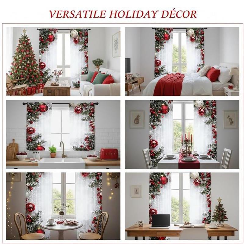Christmas Ball Holiday Printed Curtains, 2 Pieces 2D Flat Printed Red Luxury Xmas Print Curtains with Snowflakes for Holiday Party Decor