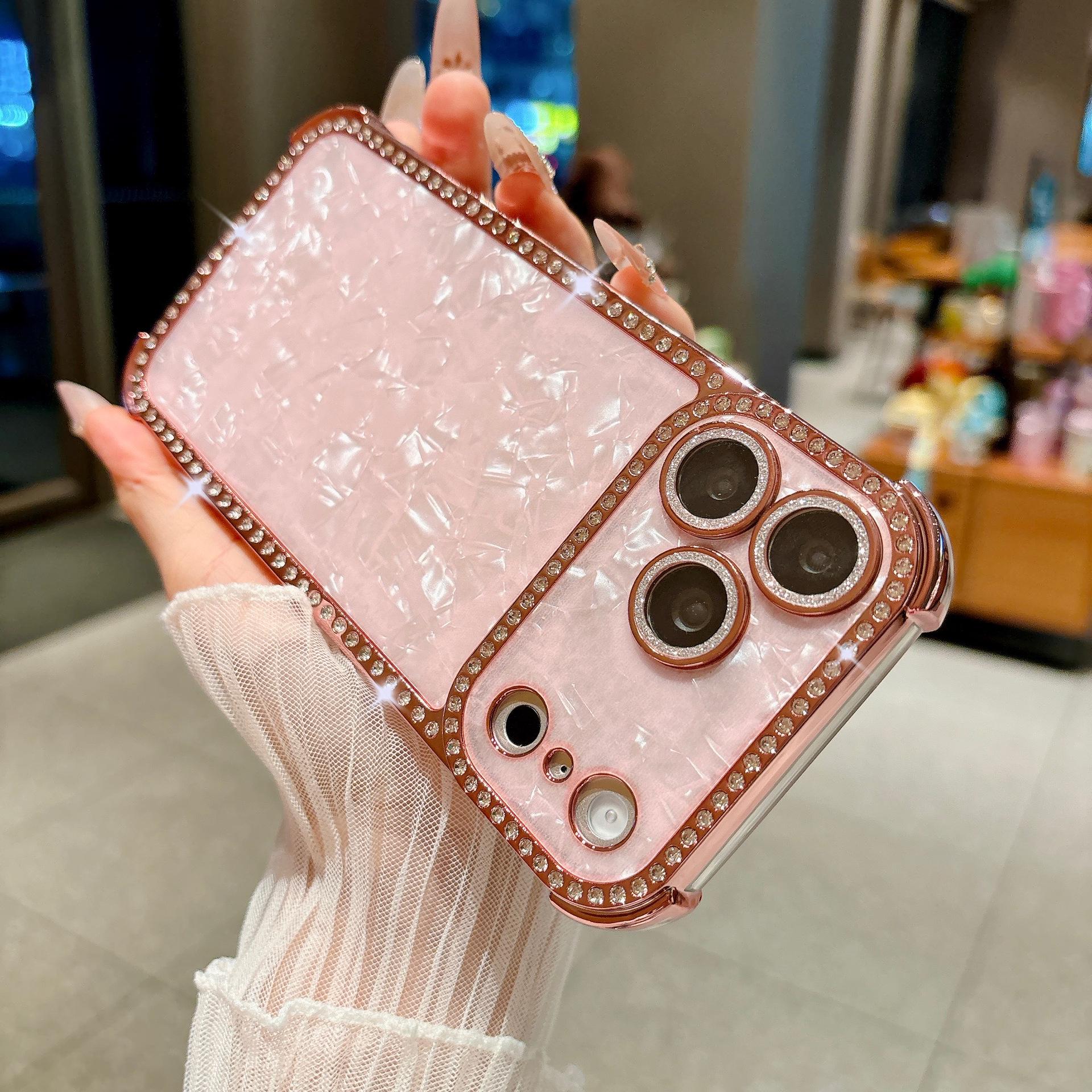 

Rhinestone Glitter Shell Case for iPhone 17 Pro Max - Electroplated Drop-Proof Soft Cover with Apple Pattern iPhone 14 Pro Max рожевий