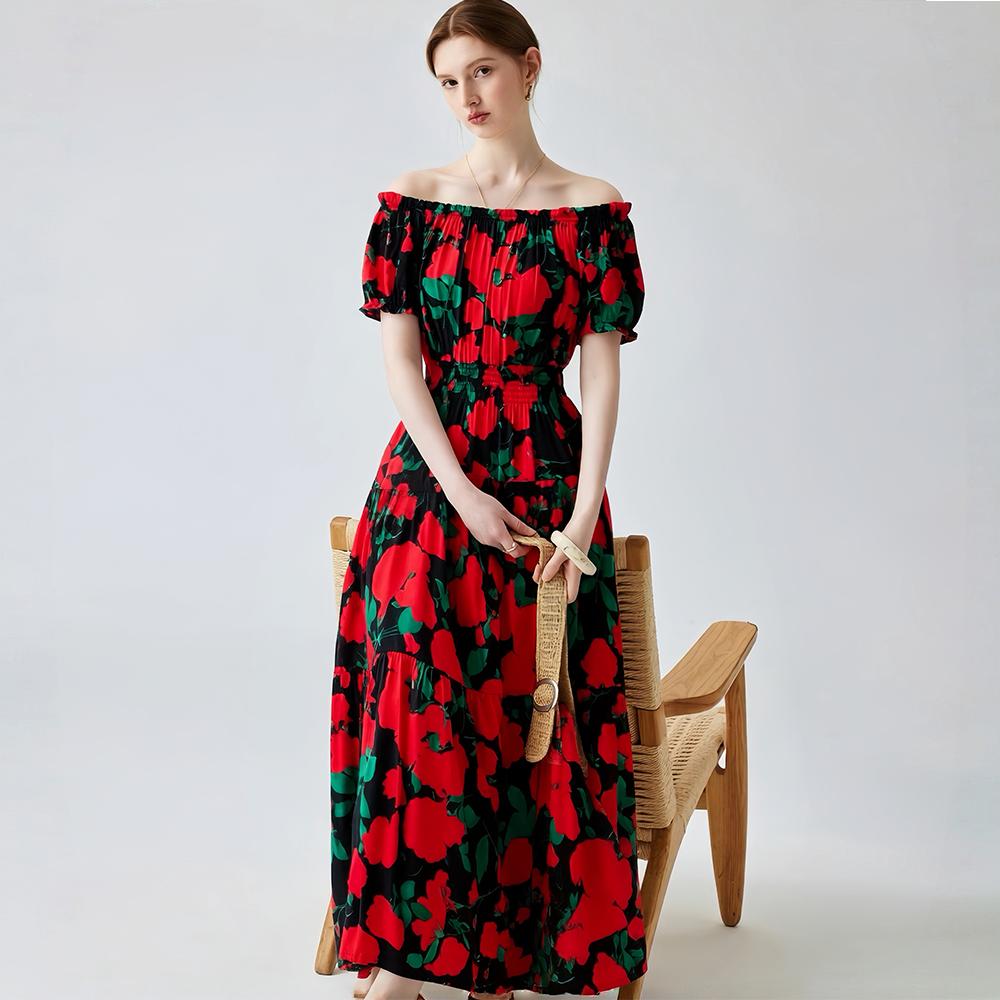 Bohemian Cotton-Silk Floral Printted Off-the-Shoulder French-Style Summer Dress for Women Ethnic-Style Elastic Waistband Pleayed Long Dress