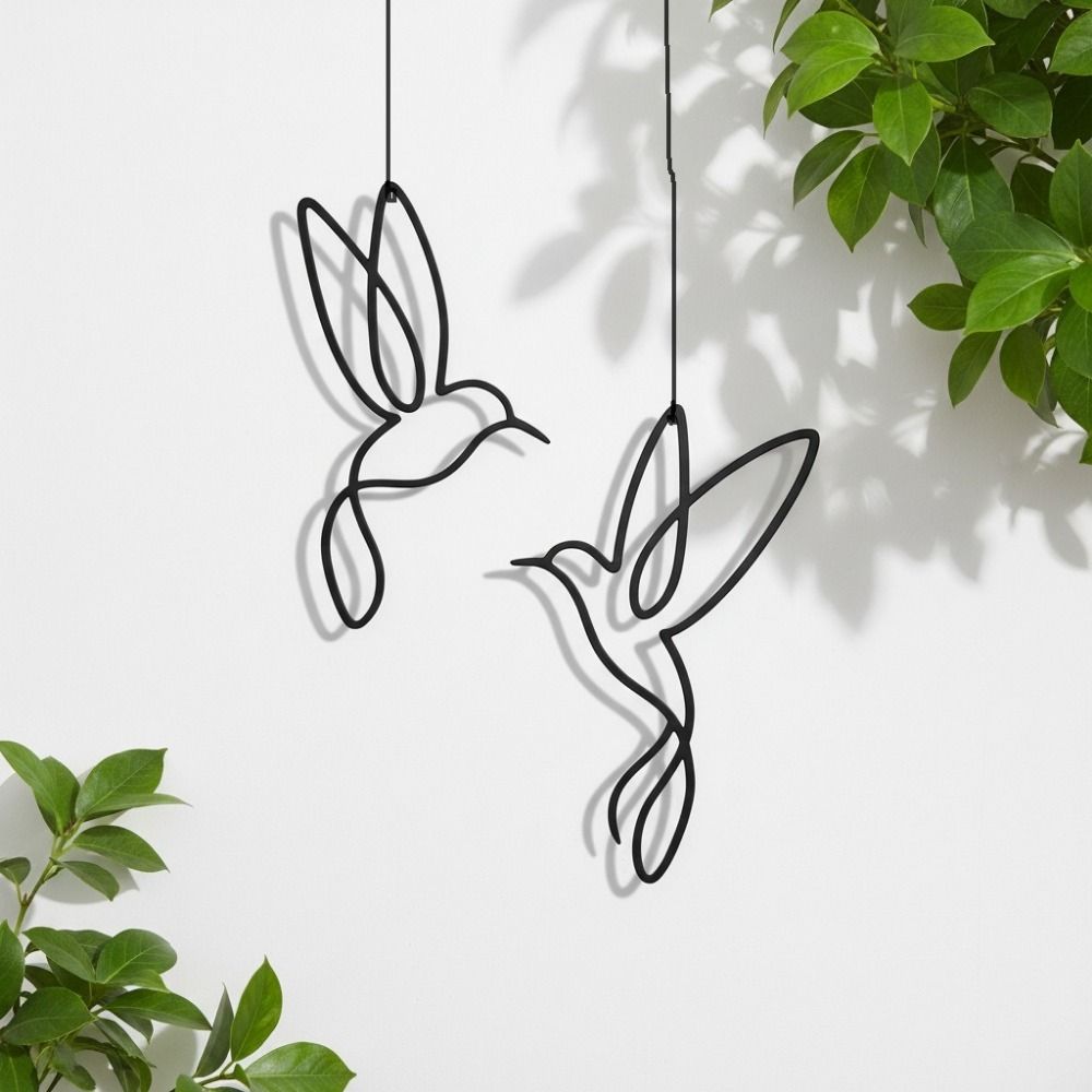2PCS Black Hummingbird Silhouette Ornament Minimalist Wall Mounted Metal Hummingbird Wall Art Wire Art Bird Hanging Ornaments