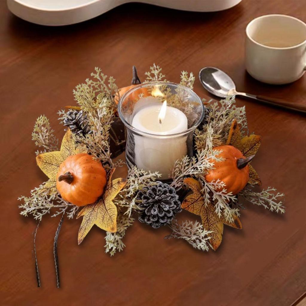 Thanksgiving Candle Ring, Artificial Leaves Pumpkin Wreath, Candle Garland Rings for Festival Fall Living Room Cafe Decor