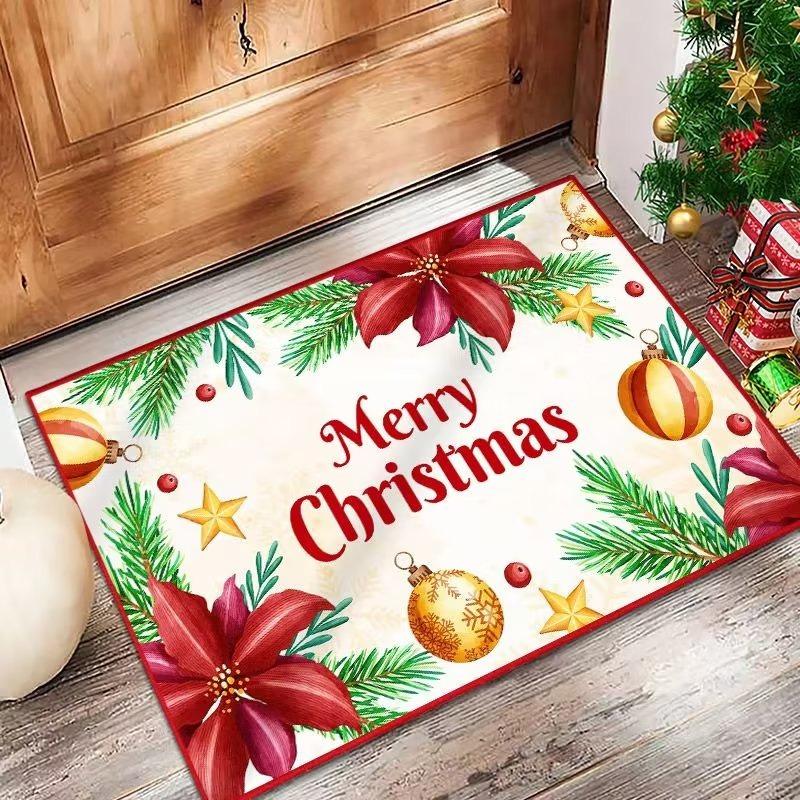 Christmas Themed Flannel Doormats Festive Santa Claus Poinsettia Prints Colorful Holiday Decor Soft Floor Mats for Home Entrance