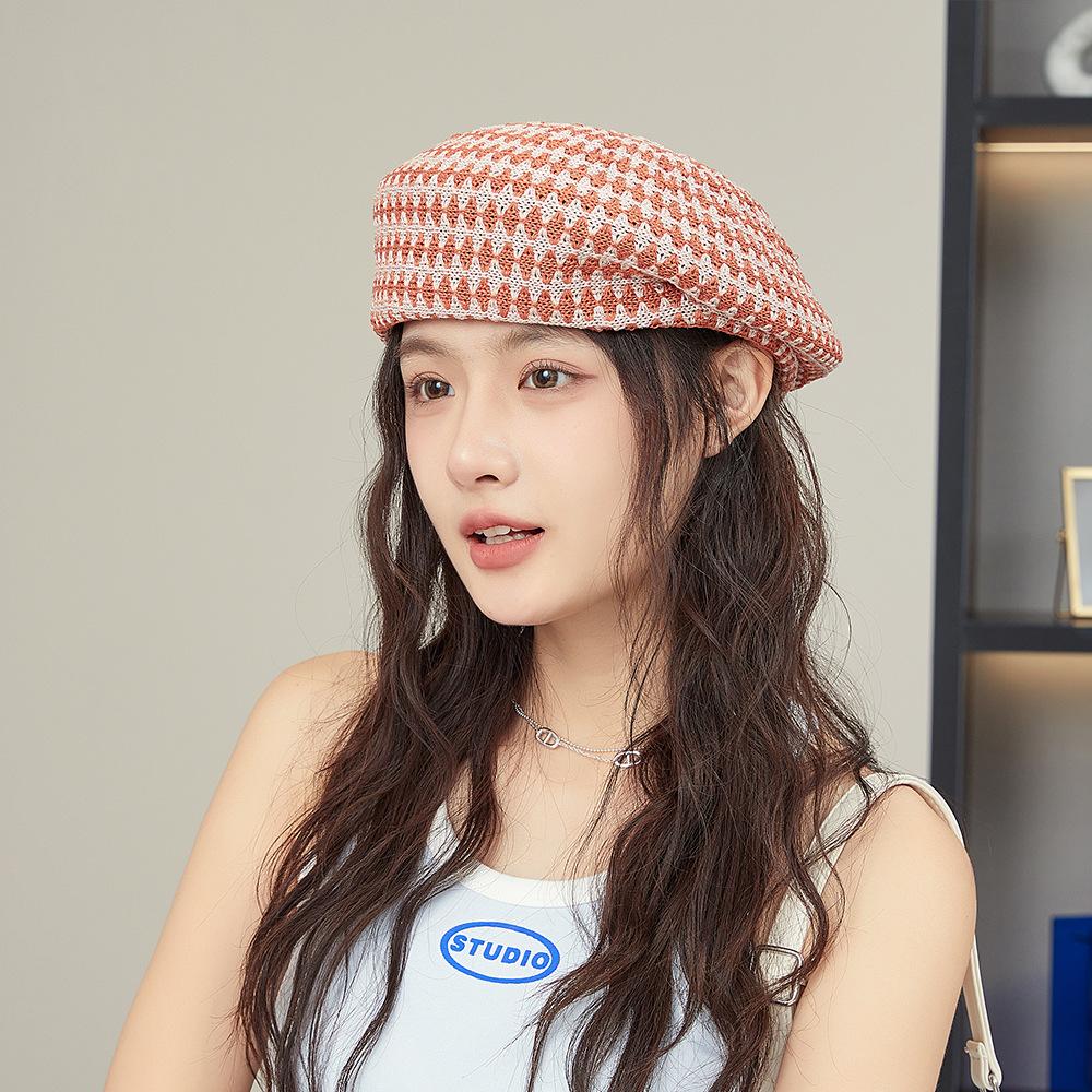 Летний женский берет Шляпа художника Корейский узор Модный вязаный дышащий Туристический берет One size