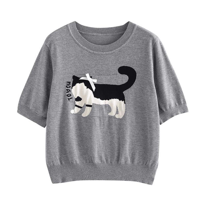 Chuyu Damen Schleife Katze Jacquard Rundhals Kurzarm Stricktop