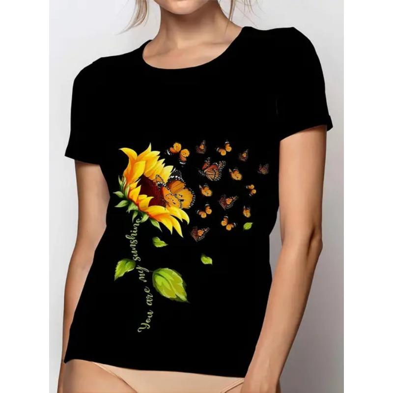 Summer Casual Style Round Neck Pullover Short Sleeved Top with 3D Floral Pattern Printed Women's T-shirts