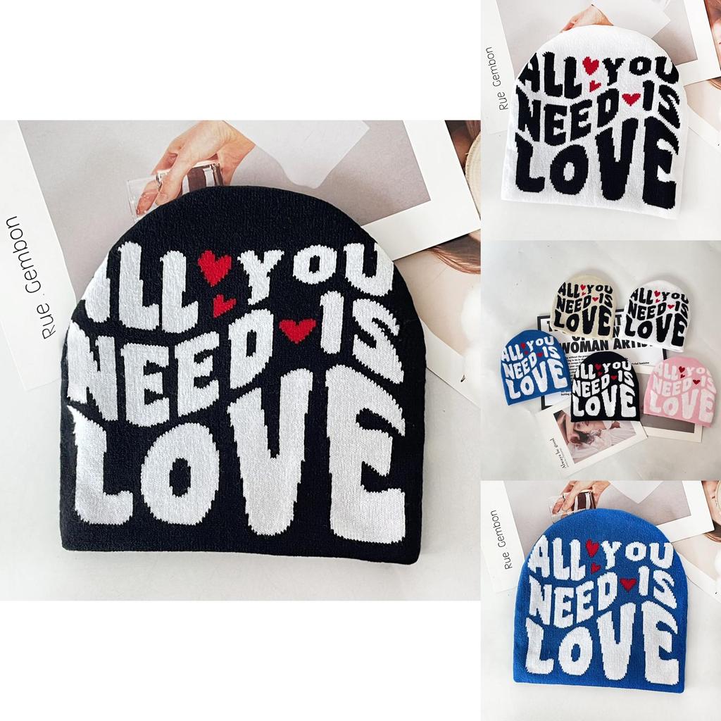 Simple Color Blocked Letter Heart Pattern Women Casual Warm Knitted Hat For Winter Outdoor Warmth