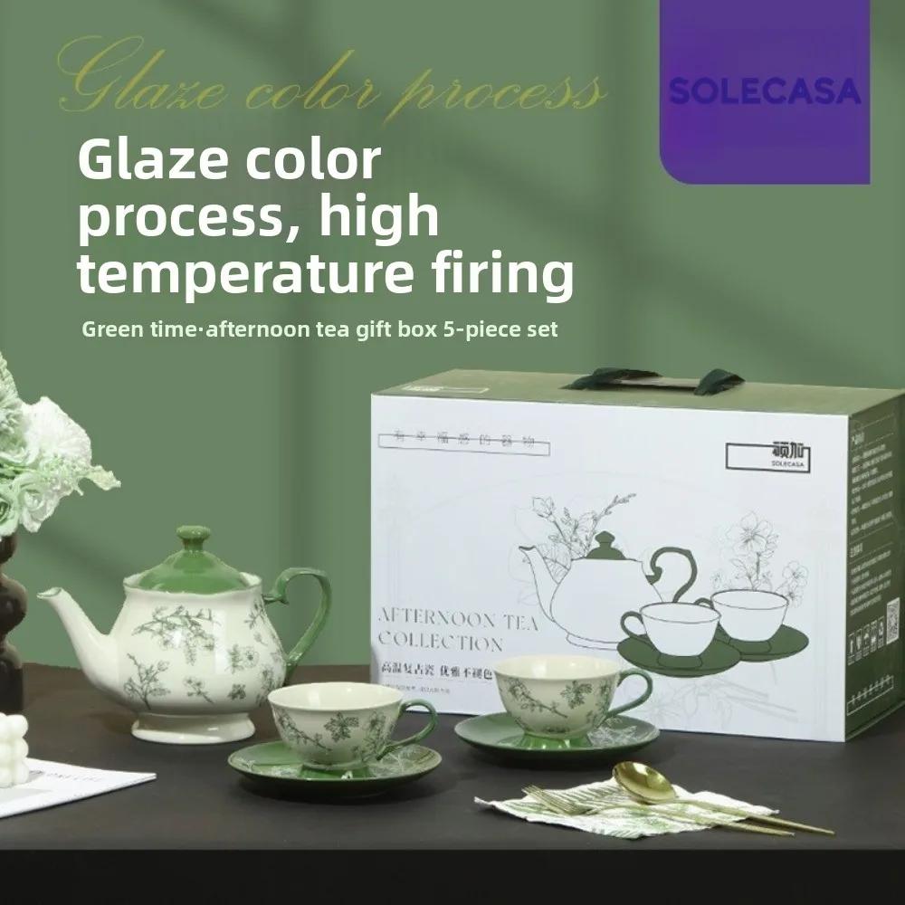 SOLECASA Porcelain Round Dinnerware Set, Green Design Floral, Plates Bowls Mugs Dishes, Premium Quality Ceramic Tableware