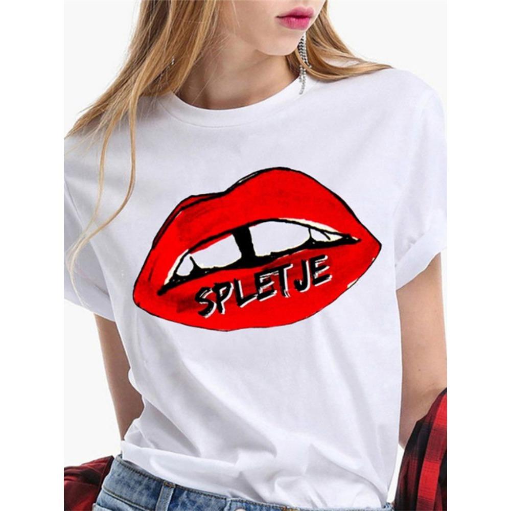Fashion Sexy Red Lip Women T Shirt Funny Kiss Lips Print Ladies Casual Basis O-collar Short Sleeves Female Tops Tees