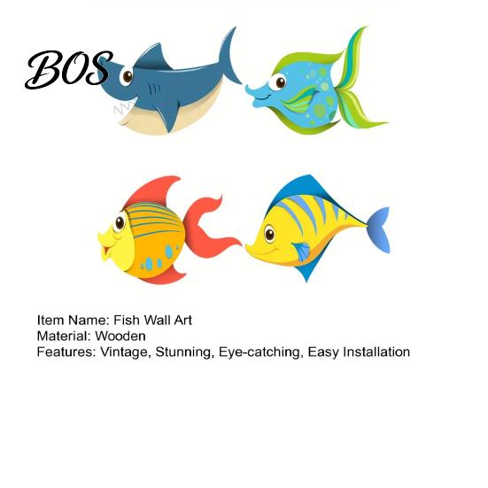 Wall Art 4 Pcs Wood Fish Nautical Decor, Ocean Shark Rustic Outdoor Marine Decor Hanging Beach Cartoon Coastal for Living Room, Nursery Themed