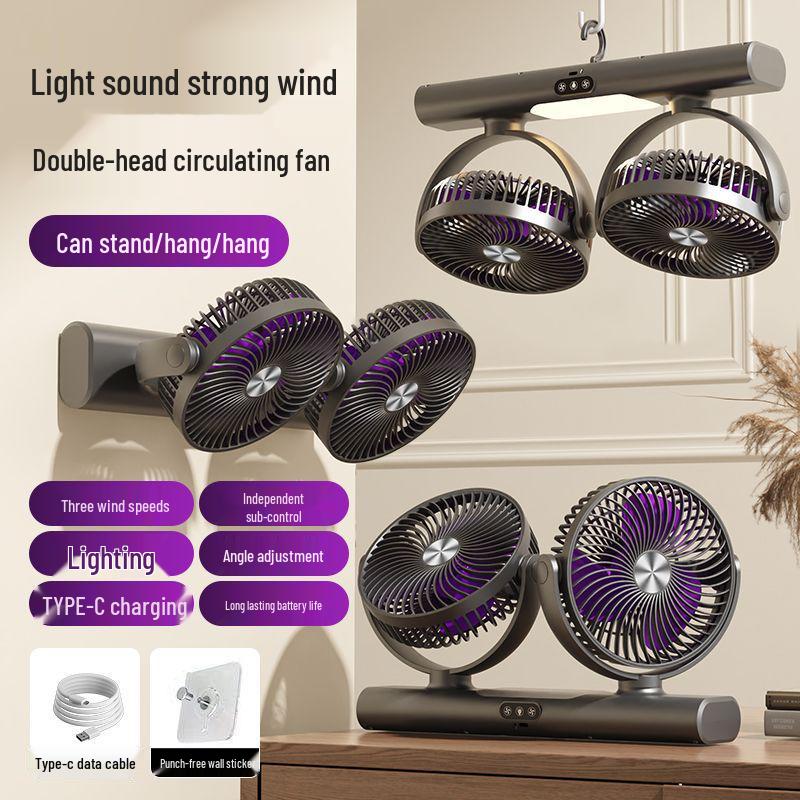 Portable USB Rechargeable Dual-Head Fan with Digital Display - Silent for Office and Dorm 38x7.5x22.5 cm