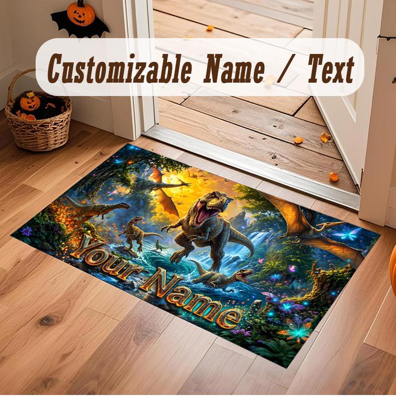 Dinosaur Theme Soft Crystal Velvet Rug Custom Name & Text Print Non Slip Floor Rug for Bedroom Living Room
