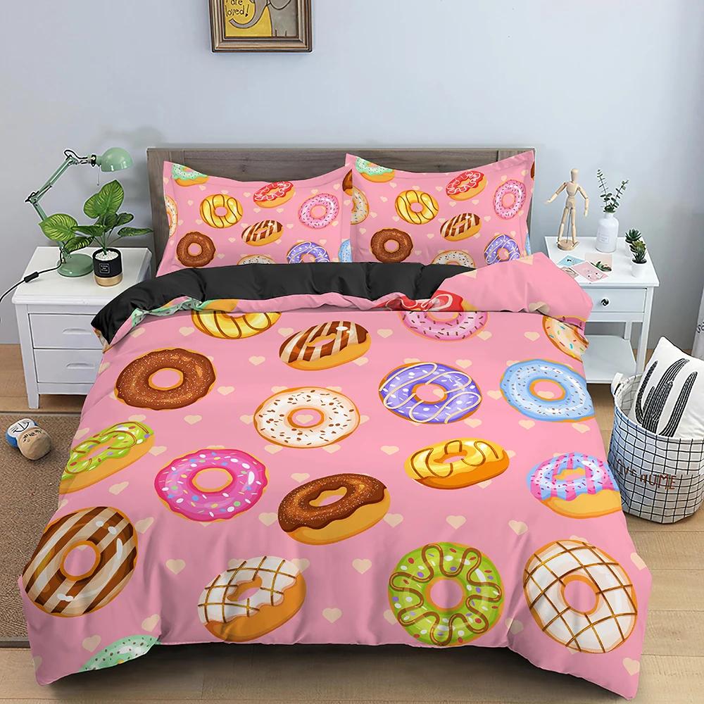 Bunte Donut King Size Bettbezug Cartoon Süß Schokolade Dessert Bettwäsche Set Für Kinder Mädchen Essen 2/3tlg. Polyester Steppdeckenbezug