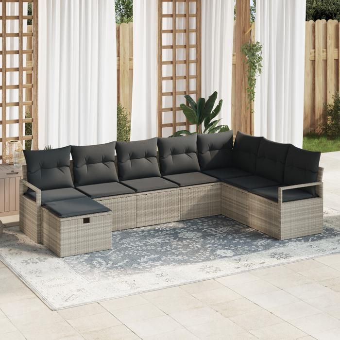 Ensemble de Canapés de Jardin 8 Pièces avec Coussins Gris Clair en Poly Rattan, Canapé de Jardin 2 Places avec Rangement 3360563