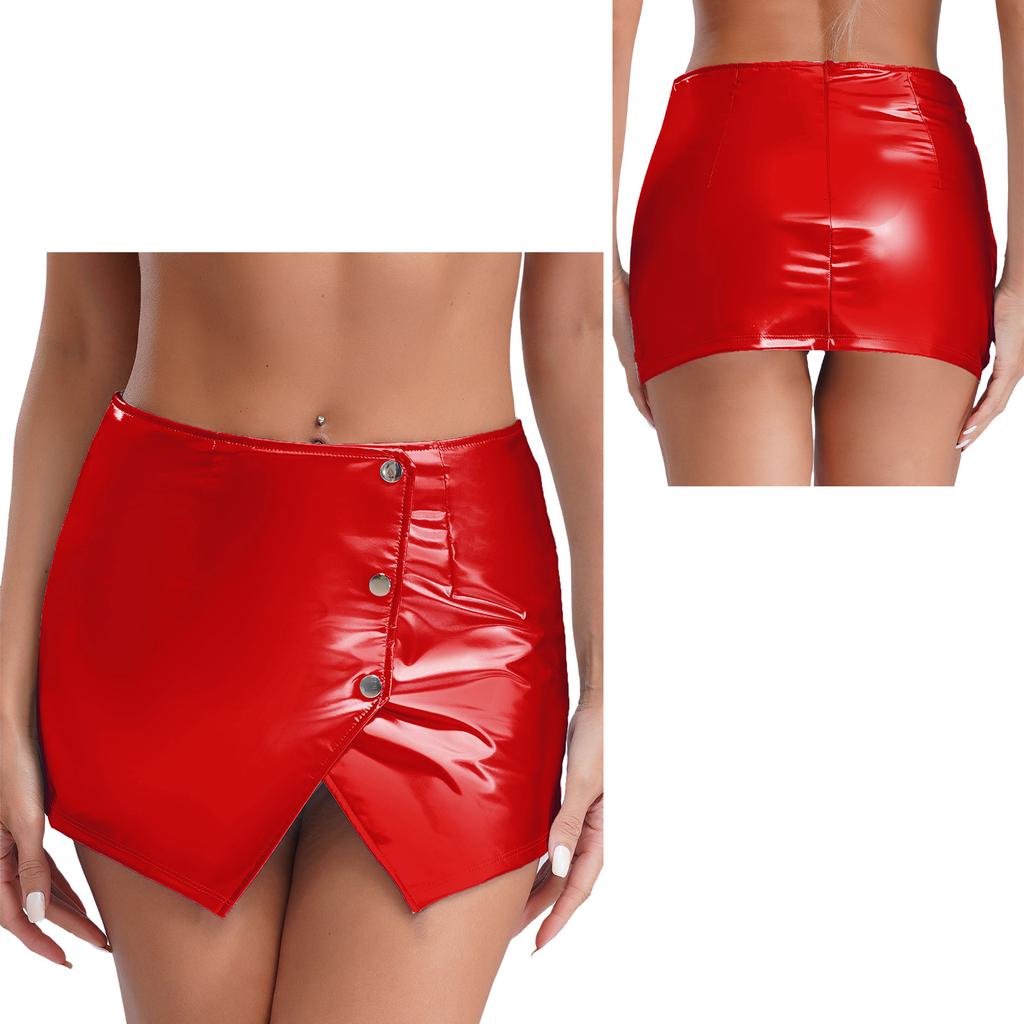 Ženy Dívky Taneční oblečení na tyče Přední dělená Bodycon Minisukně Lesklá krátká sukně Disco Bar Klubové oblečení Holografické knoflíky Klubové sukně