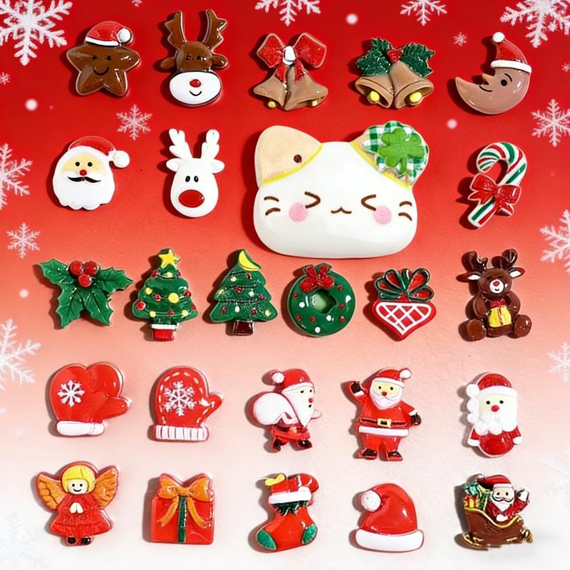 30-Piece Set of Random Styles of Small Resin Accessories for Diy, Various Styles, Dopamine Color Series, Cat Pattern Designs, Snowman Shapes, Hair 