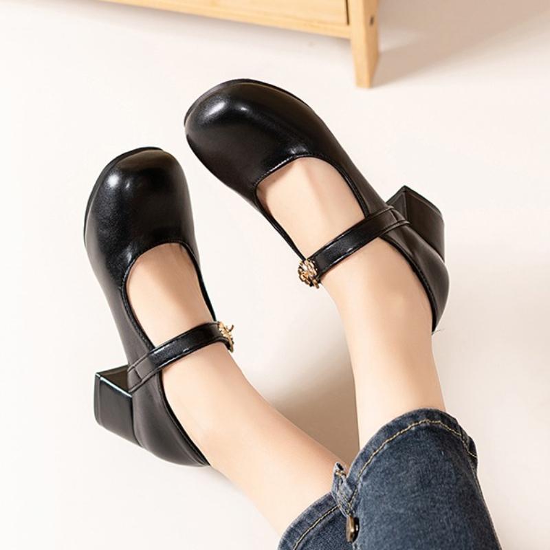 Móda 2025 Nové páskové lodičky Mary Jane Dámské vysoké podpatky Kulatá špička Mělký silný podpatek Lodičky pro módu Retro Kancelář Kariérní obuv