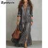 Trendy Vintage Retro Flapneck Denim Long Dress Casual Pocket Maxi Skirt for Women