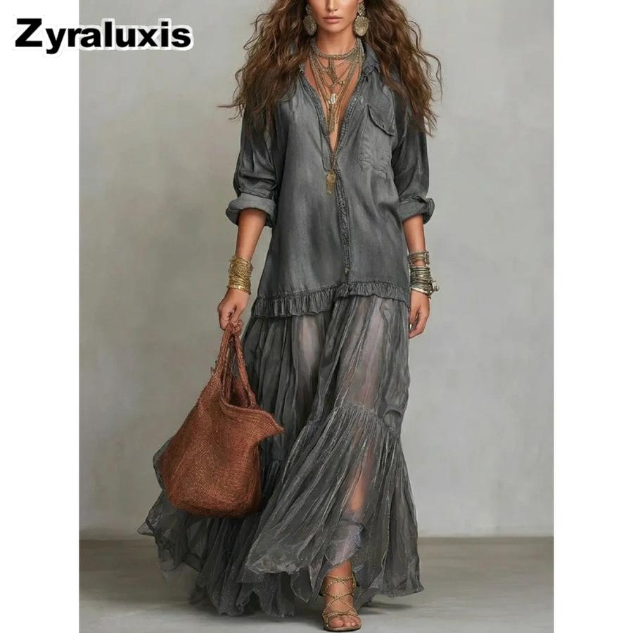Trendy Vintage Retro Flapneck Denim Long Dress Casual Pocket Maxi Skirt for Women
