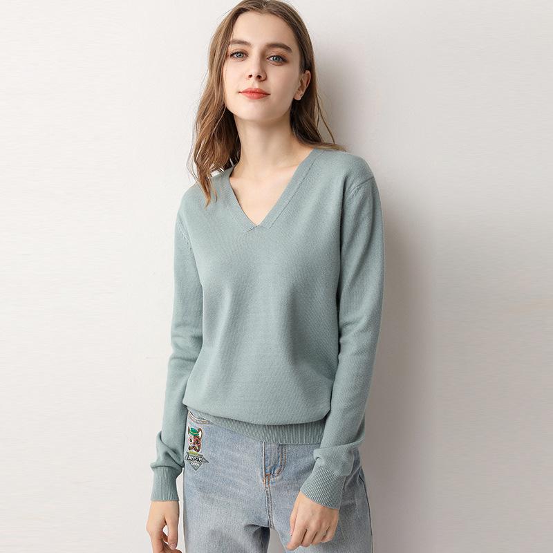 Leichter V-Ausschnitt Strickpullover - Damen einfarbiger Pullover für Frühling & Herbst