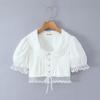 2025 Autumn Women's White Mesh Shirt with Doll Collar & Lace Puff Sleeves