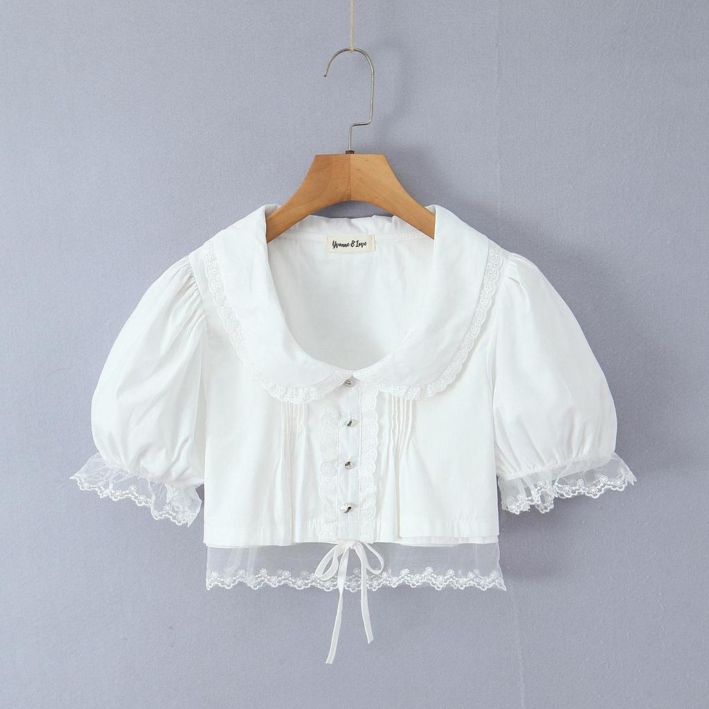 2025 Autumn Women's White Mesh Shirt with Doll Collar & Lace Puff Sleeves