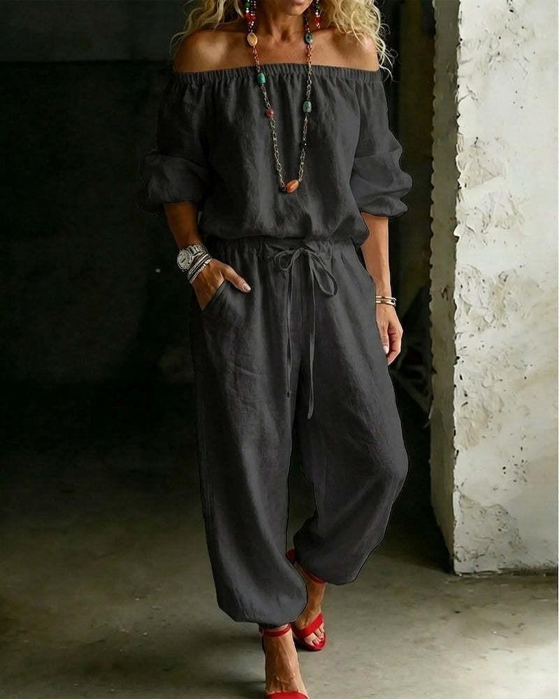 Womens Off Shoulder Long Sleeve Top Drawstring Waist Tapered Pants Two Piece Casual Outfit