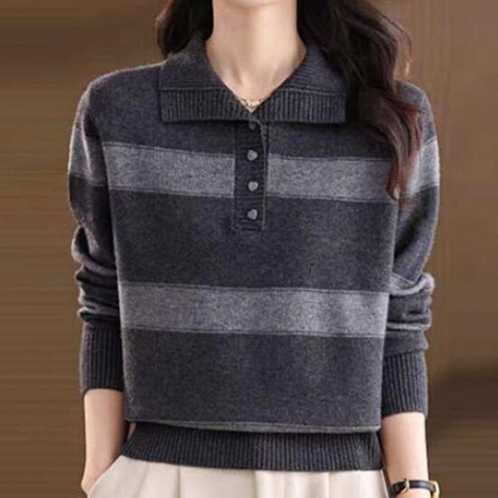 Navava Casual Color Block Striped Collar Long Sleeve Knit Top Nk3546