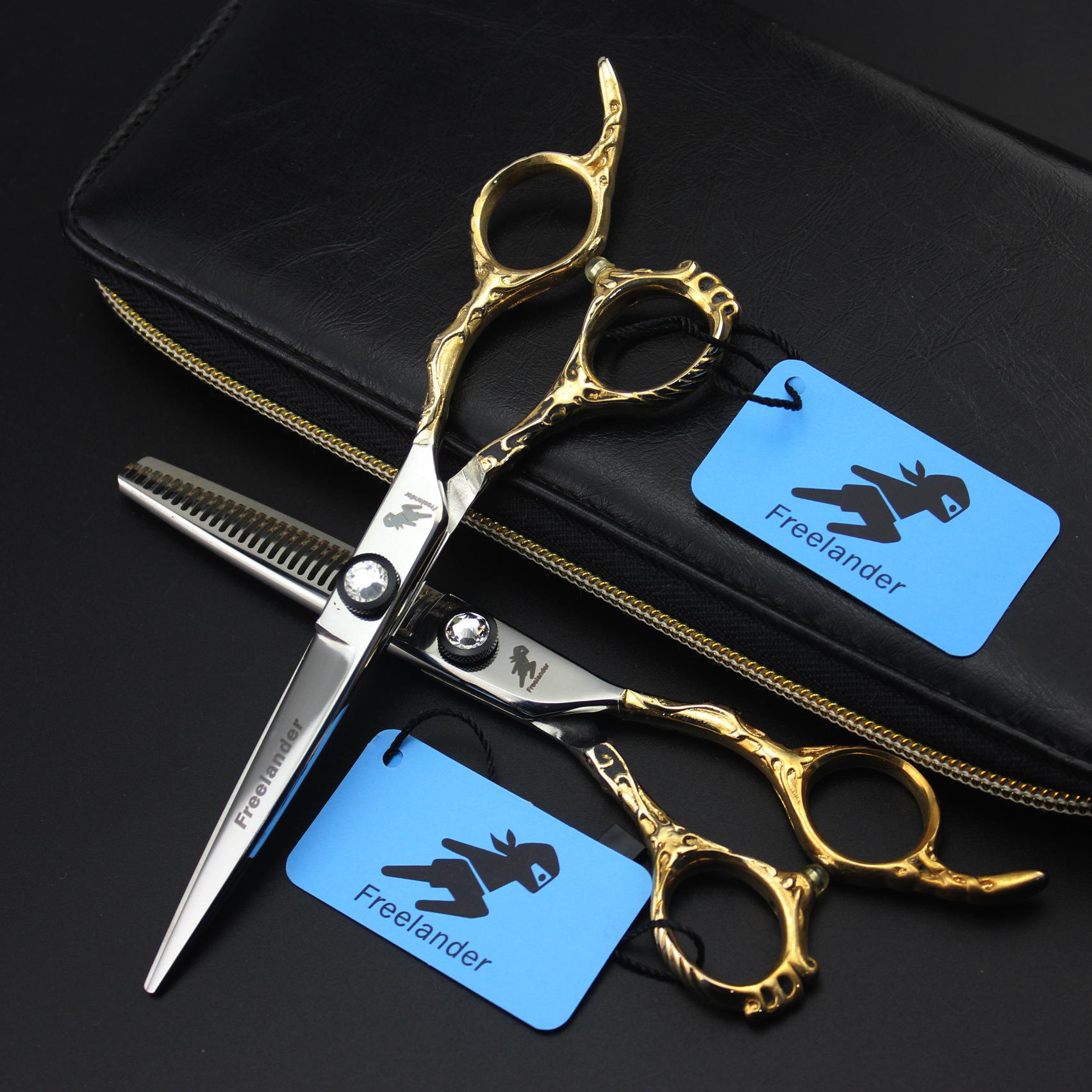 6.0 inch Freelander gold handle, hair scissors, hair scissors, flat scissors, tooth scissors, thin scissors, for hair salons 6.0inch flat scissors