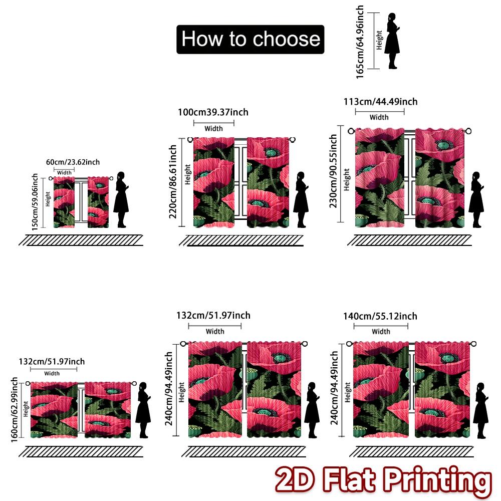 2D FLAT PRINTING 2pcs Curtains (Without Rod) Floral Pink Poppies Design Modern Fashionable Curtainments during the Women is Day