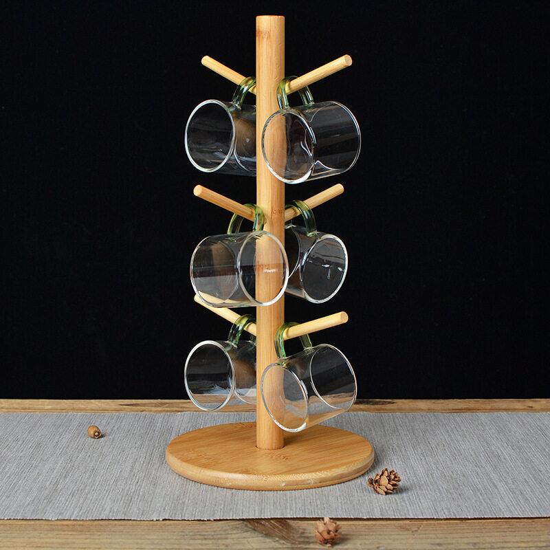 Set Tree Shape Wood Tea Cup Storage Holder Stand Mug Hanging Display Rack Drinkware Shelf 6 Hooks
