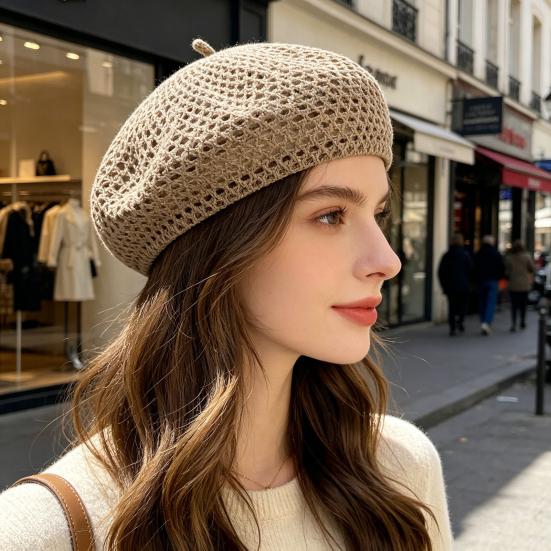 Yousheng Women Beret Hat, Hollow Design Gauze Beret Hat, Solid Color Versatile Headwear for Hiking Outings Traveling Shopping And Daily