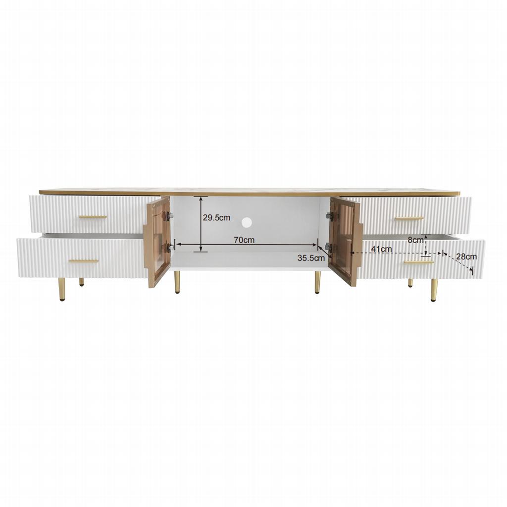 Coffee Table, TV Cabinet, Living Room Furniture, Glass Door, Alloy Frame, Drawers Wave Structure, Gold Handles and Legs, Tabletop Marble Structure.