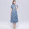 Summer Floral Print Shirt Dress for Women Short Sleeve Maxi Sundress with Lapel Neck Buttons Vintage Fashion Belted Robe