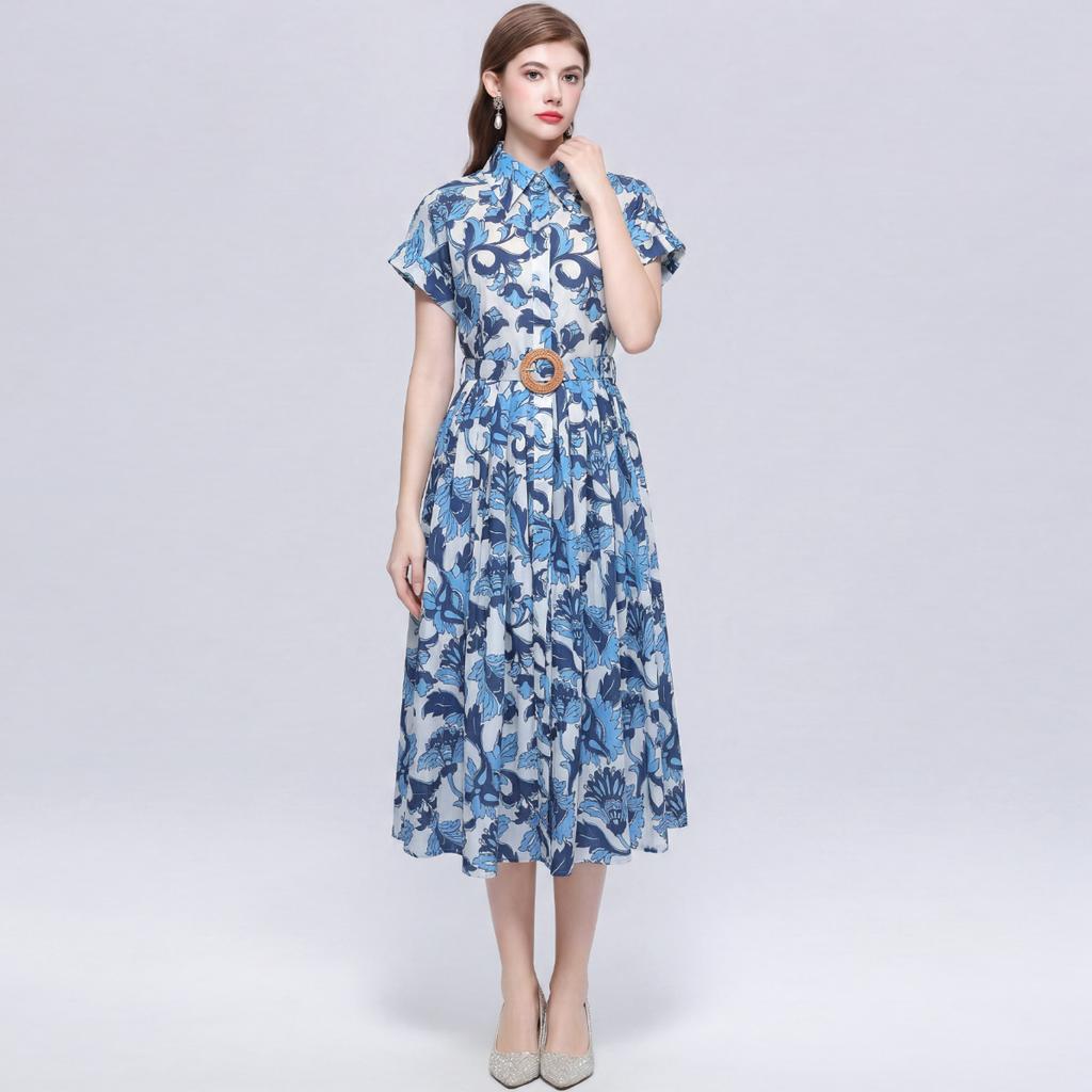 Summer Floral Print Shirt Dress for Women Short Sleeve Maxi Sundress with Lapel Neck Buttons Vintage Fashion Belted Robe
