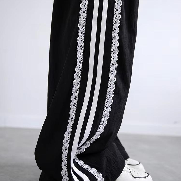 Korean Lace Patchwork Women's Trousers, Side Stripe Webbing Wide-Leg Pants, Casual Baggy Sweatpants, Women's Pants Trend 2026