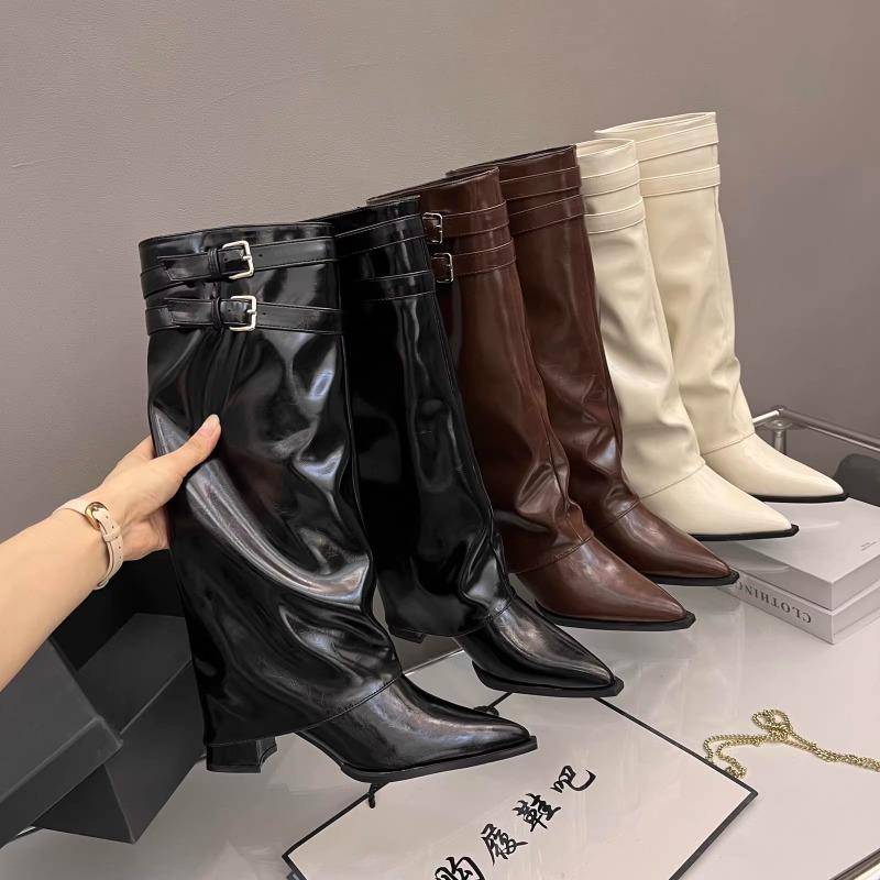 Retro Western Cowboy High Tube Boots Women's Pointed Toe Knight Long Boots Fashionable Streetwear Autumn Winter Long Botas Shoes