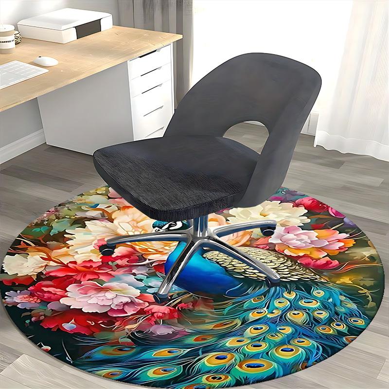 1pc Peacock Floral Round Carpet Anime Design Office Chair Mat, Non Slip Rug for Home Decor, Gift, Office, Living Room, Bedroom