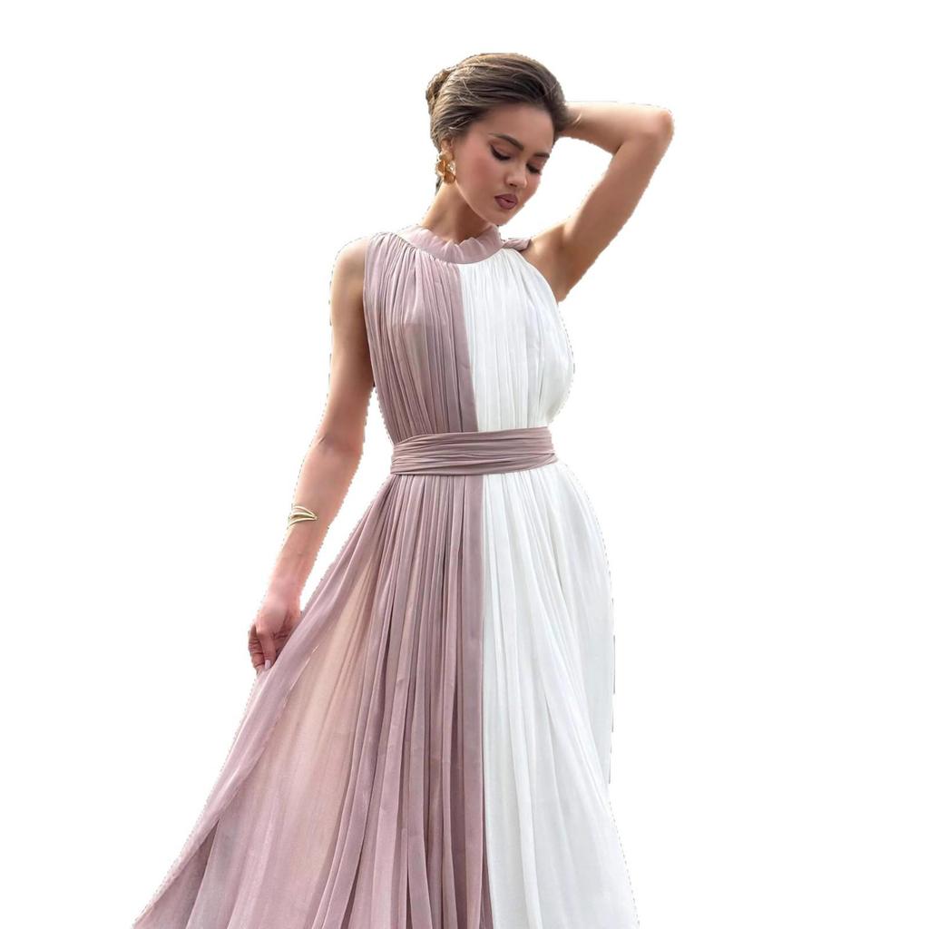 Elegantes ärmelloses plissiertes langes Sommerkleid 2025 mit Schal
