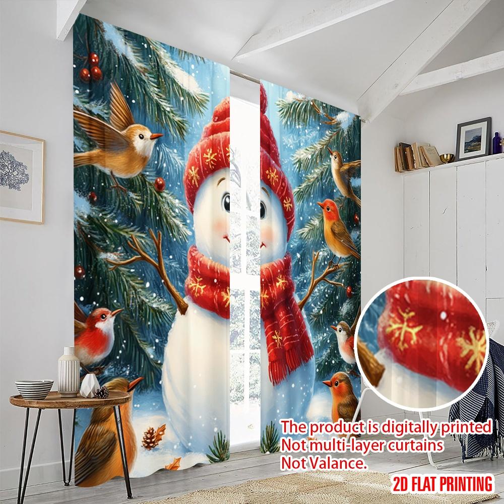 2pcs,2D plane printing Minimalist Curtains Cute Snowman Robin Christmas Winter (2) Polyester Fabric (without rod) Decorations