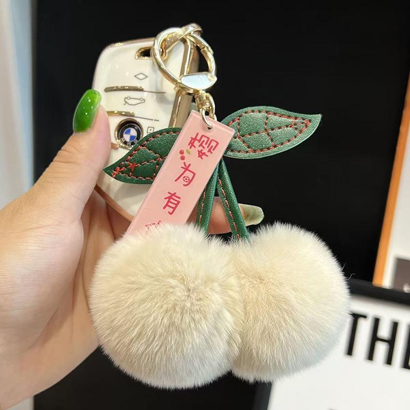 Fluffy Faux Rabbit Fur Cherry Keychain Cute Plush Pom Pom Key Ring For Backpack Purse Kawaii Soft Fruit Hangings For Women