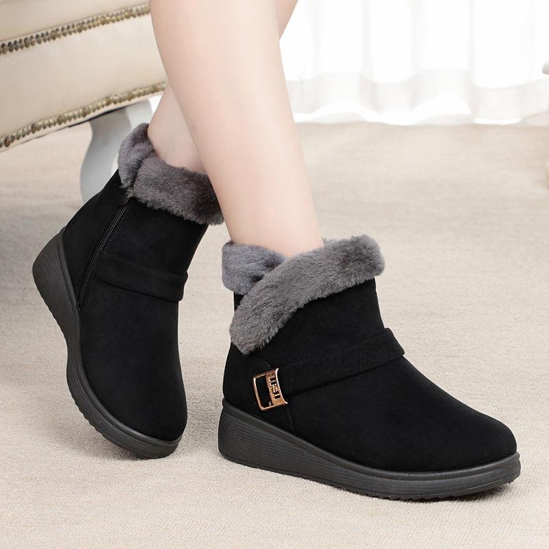 Warme Schneestiefel für Mode MATURE LEISURE Flach mit runder Zehenpartie Schnallenriemen Einfarbig Lässige Damenschuhe Schwarze Damenstiefel