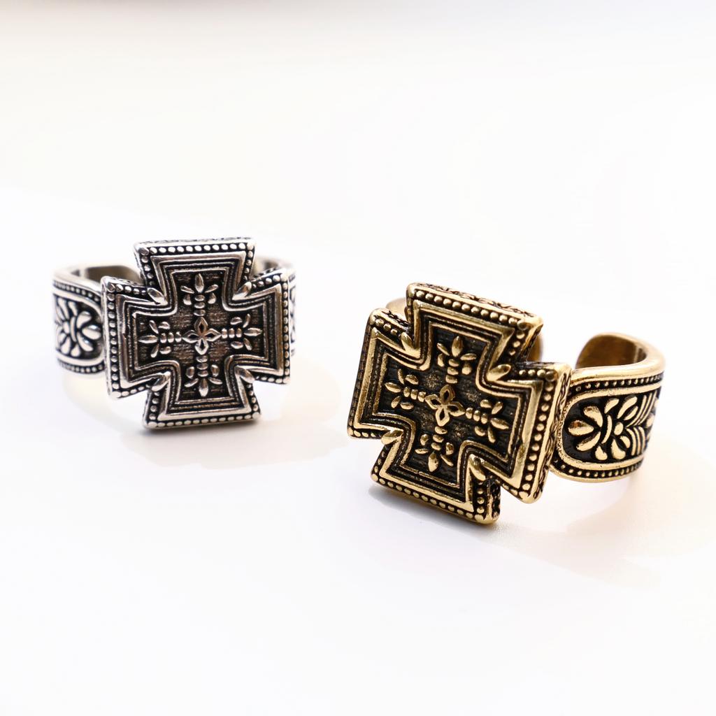 Retro Maltese Cross Adjustable Open Ring For Men Medieval Gothic Punk Edgy Silver-plated Copper  Bikers Accessories Gift