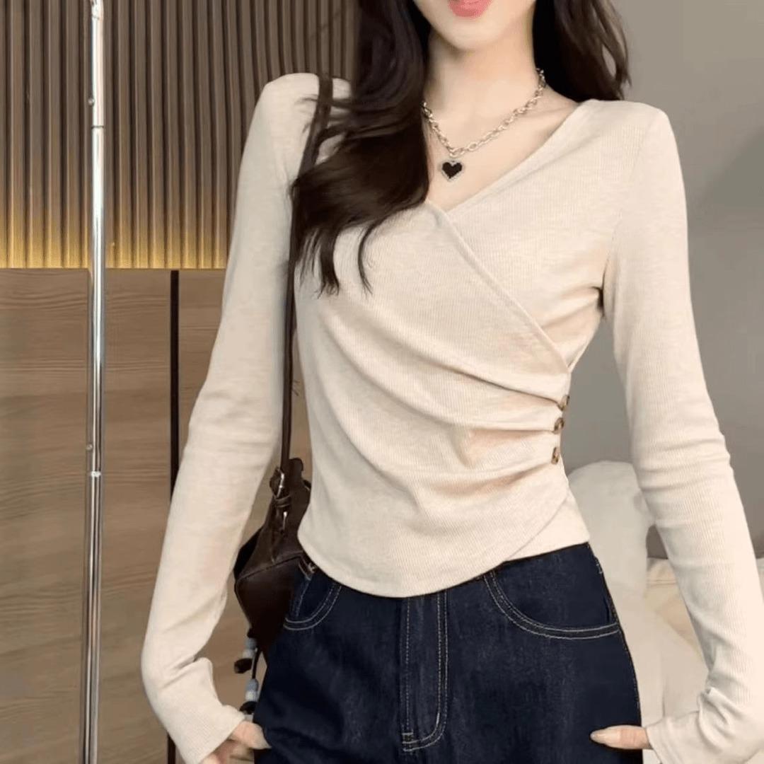 Korean V-Neck Long Sleeve Slim Fit Waist-Cinching Top for Women S
