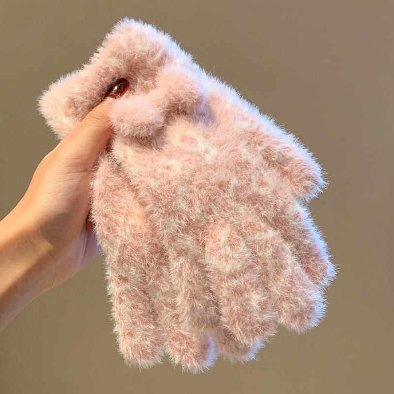 Warm wool gloves Female winter rabbit plush full finger cute riding leopard print elastic finger cold and windproof