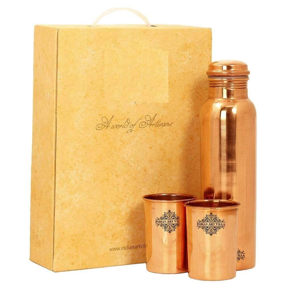Copper Drinkware Gift Set of Plain Shine Finish Design 1 Bottle & 2 Glass with Gift Box, Gift Item for Diwali, Bottle-750 Ml & Glass-300 Ml